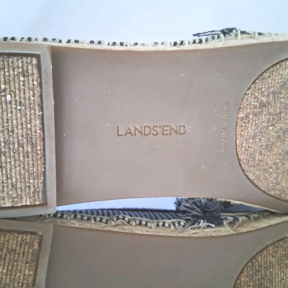 LANDS END Womens Slip-On Espadrille Flats Blue/White Fringe Denim Canvas Sz 8.5B